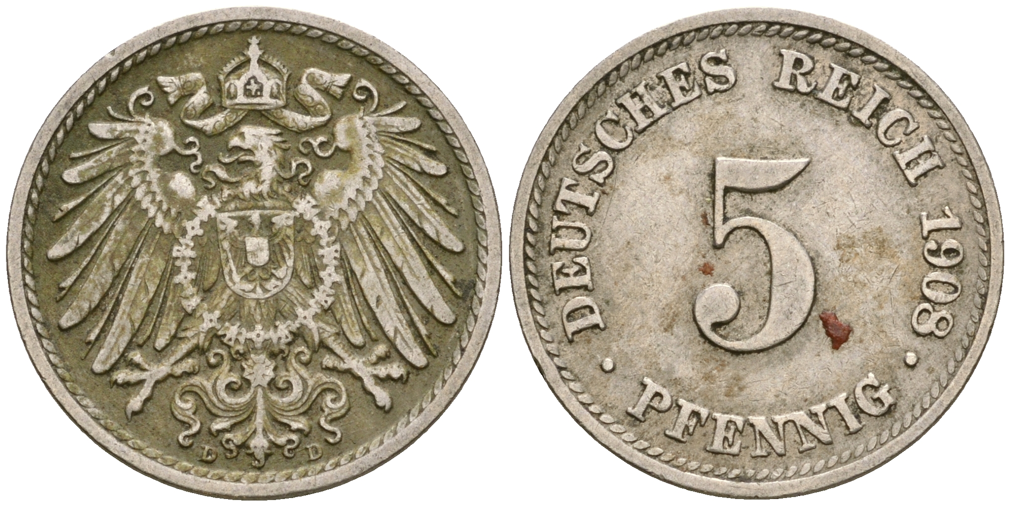 Германия 5 пфеннигов 1908 D KM 11, Jager 12, Weege 6 медно-никель 4364-3657