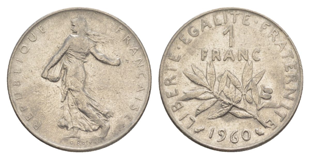 Франция 1 франк 1960 сеятель KM 925.1, Le Franc 226.4 никель 4631-531