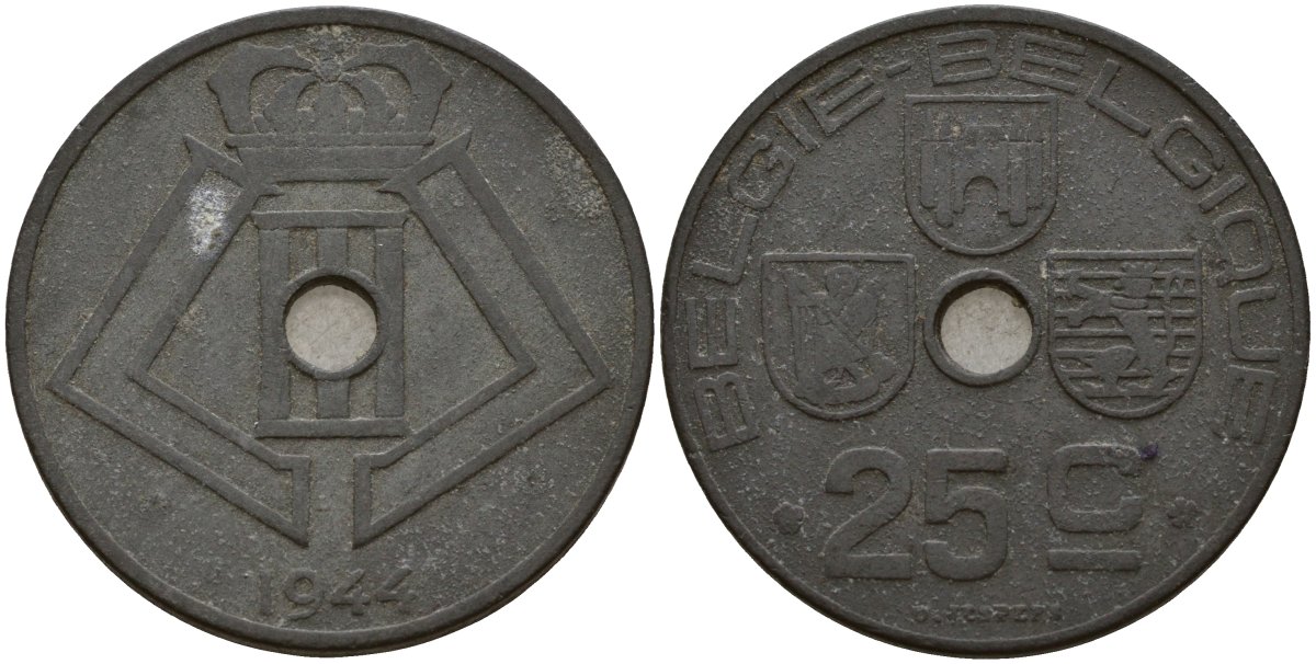 Бельгия 25 сантимов 1944 Belgie - Belgique, Леопольд III (1934-1947), германская оккупация, Вторая мировая война KM 132 цинк 4157-625
