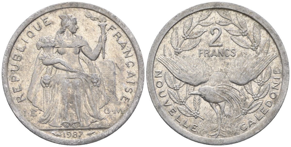 Французская Новая Каледония 2 франка 1987 птица кагу, (IEOM) KM 14, Schoen 11, Lec 64 алюминий    08-1122