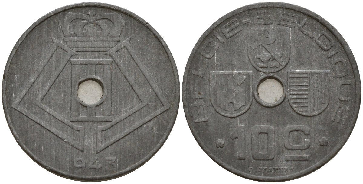 Бельгия 10 сантимов 1943 Belgie - Belgique, Леопольд III (1934-1947), германская оккупация, Вторая мировая война KM 126 цинк 4161-341