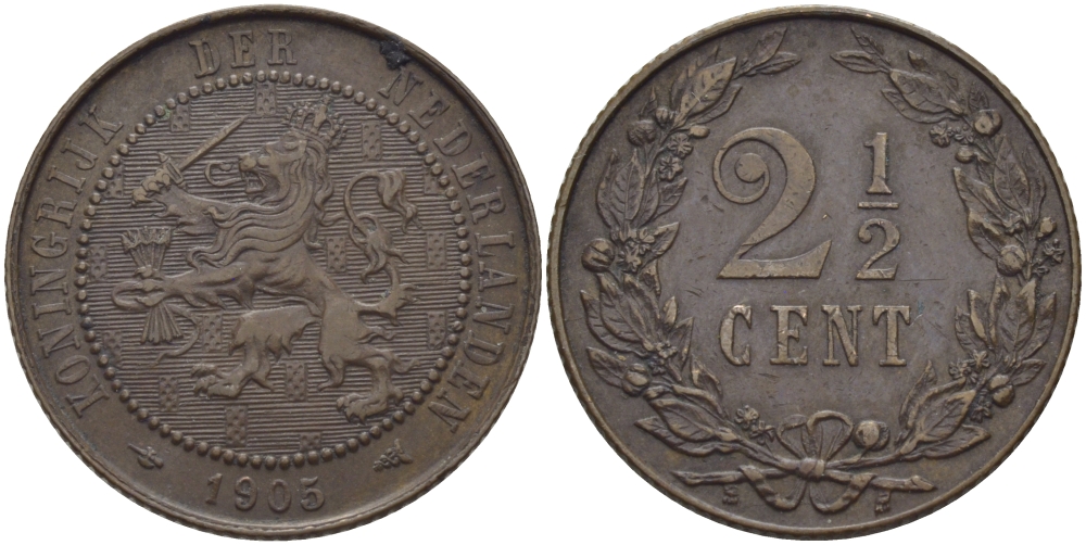 НИДЕРЛАНДЫ 2 1/2 ЦЕНТА 1905 KM 134 бронза 73-1443