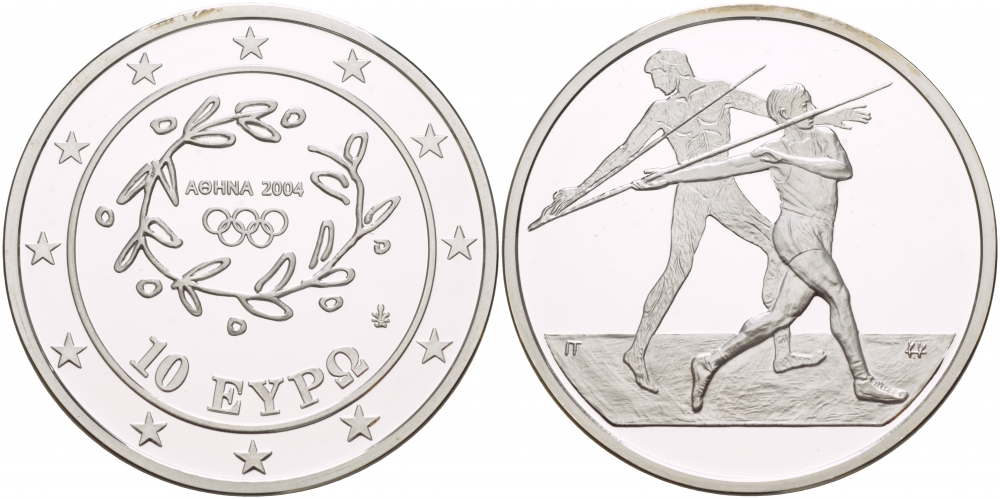 Греция 10 евро 2003 XXVIII летние Олимпийские игры 2004 года в Афинах, метание копья KM 193 серебро PROOF 1088-4-53