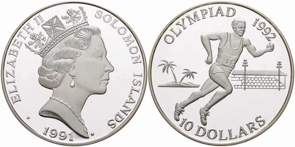 Соломоновы острова 10 долларов 1991 XXV Олимпийские игры 1992 года в Барселоне, бег KM 48 серебро PROOF 11-176-35