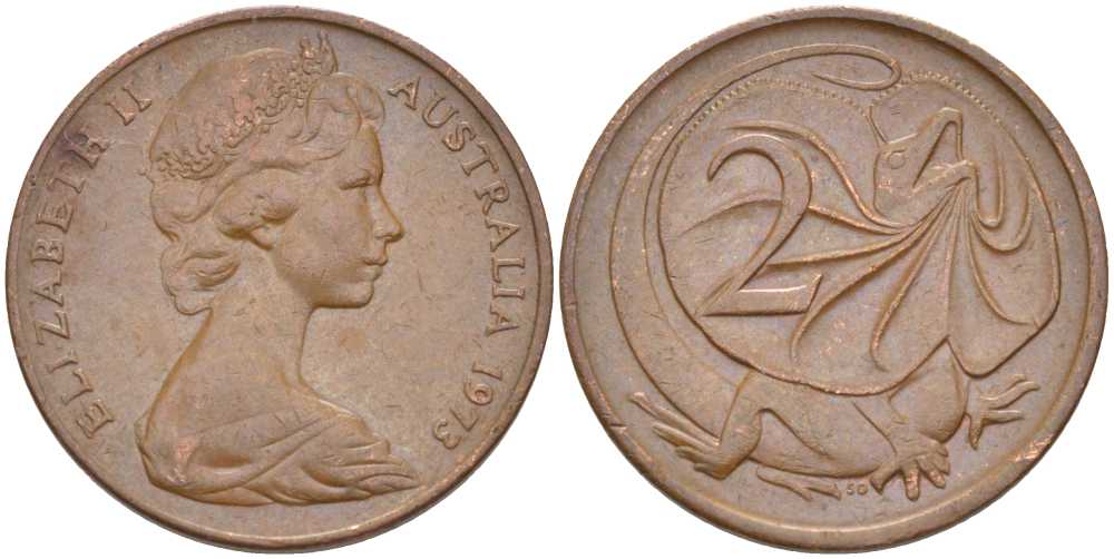 АВСТРАЛИЯ 2 ЦЕНТА 1973 ЕЛИЗАВЕТА II, МОЛОДОЙ ПОРТРЕТ, ПЛАЩЕНОСНАЯ ЯЩЕРИЦА (FRILLED LIZARD) KM 63 бронза 4385-854