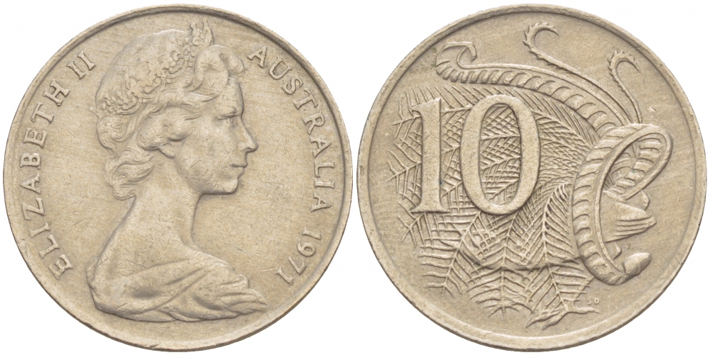 Австралия 10 центов 1971 Елизавета II (1952-), птица лирахвост KM 65 медно-никель 4539-1111