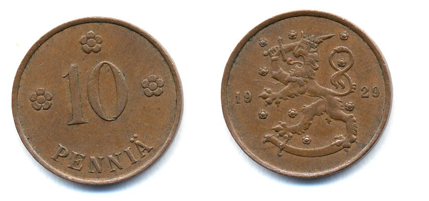 Финляндия 10 пенни 1929 республика (1918-1962) KM 24 медь 46-1643