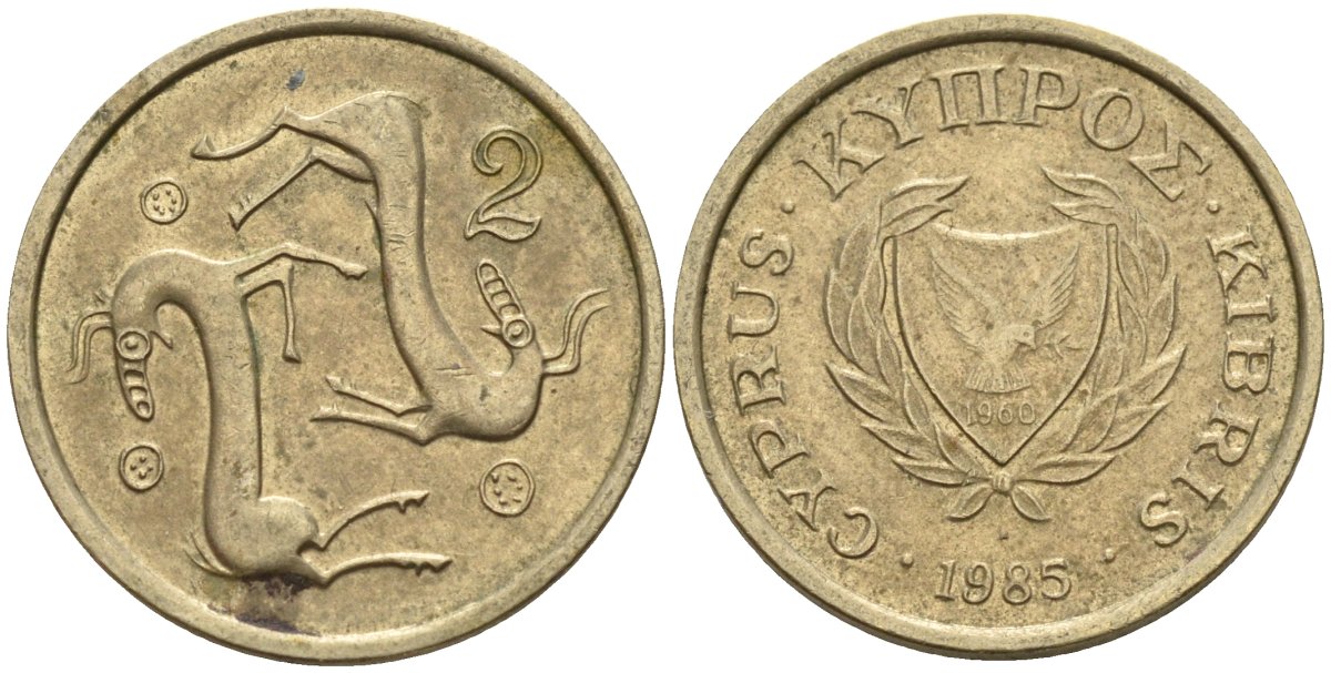 Кипр 2 цента 1985 KM 54.2 никель латунь 4174-1234