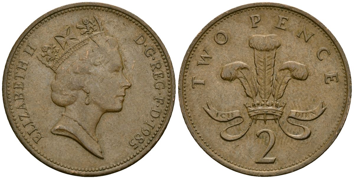 Великобритания 2 пенса 1985 Елизавета II (1952-2022) KM 936, Spink 4376 (C3) бронза 4167-532