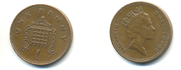 Великобритания 1 пенни 1988 Елизавета II (1952-2022) KM 935, Spink 4381 (B3) бронза 177-1126