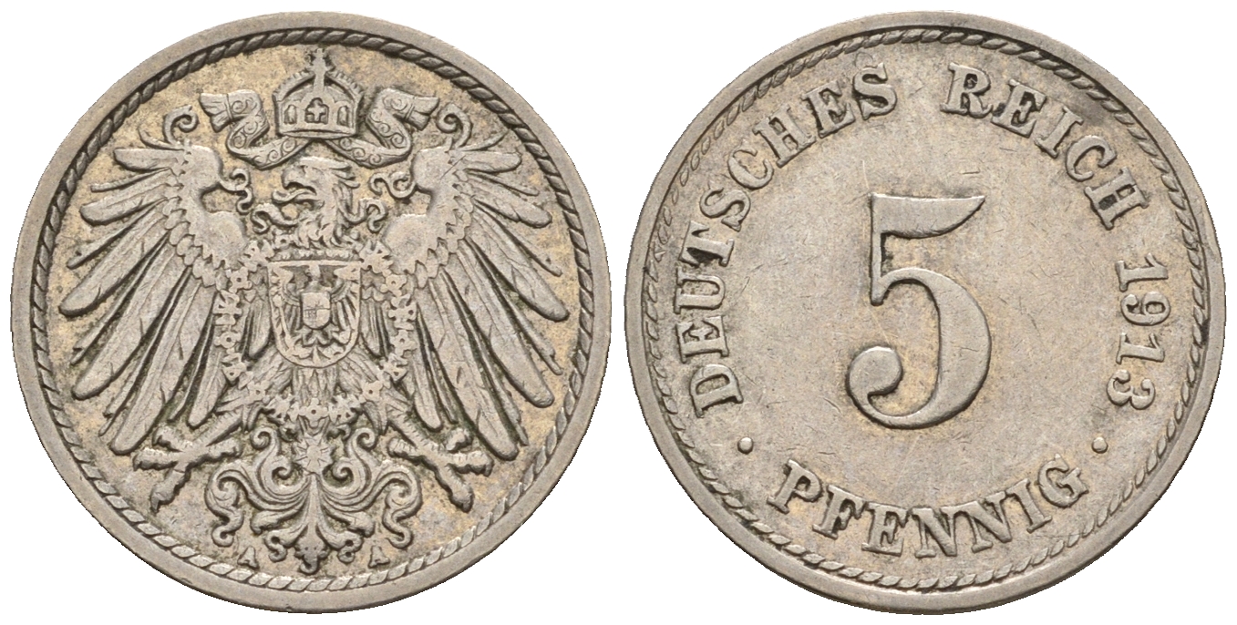 Германия 5 пфеннигов 1913 A, KM 11, J. 12 медно-никель 220-649