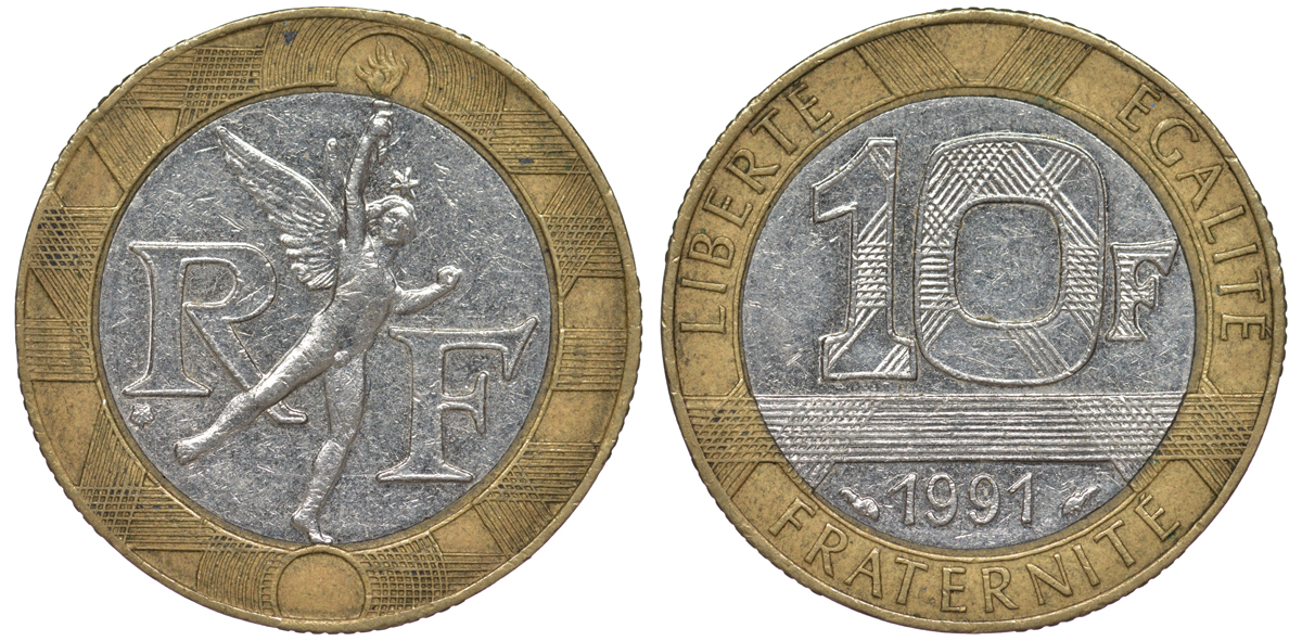 Франция 10 франков 1991 тип гений Бастилии KM 964.1, Le Frank 375.6 биметалл 45-922