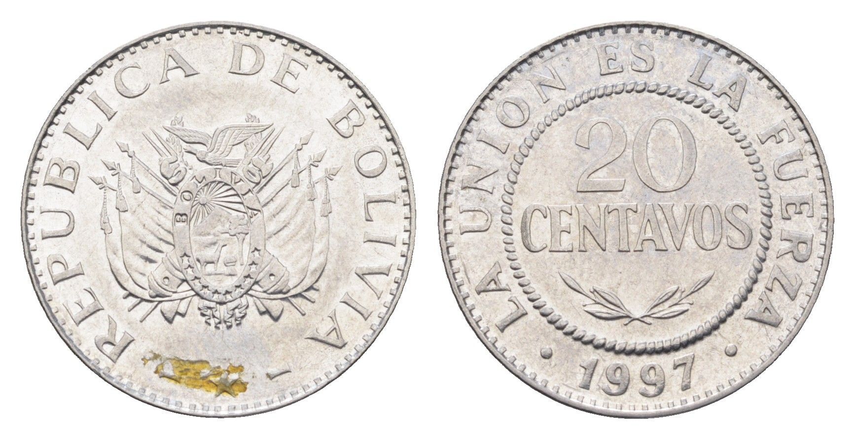 Боливия 20 сентаво 1997 KM 203 нержавеющая сталь 4664-636