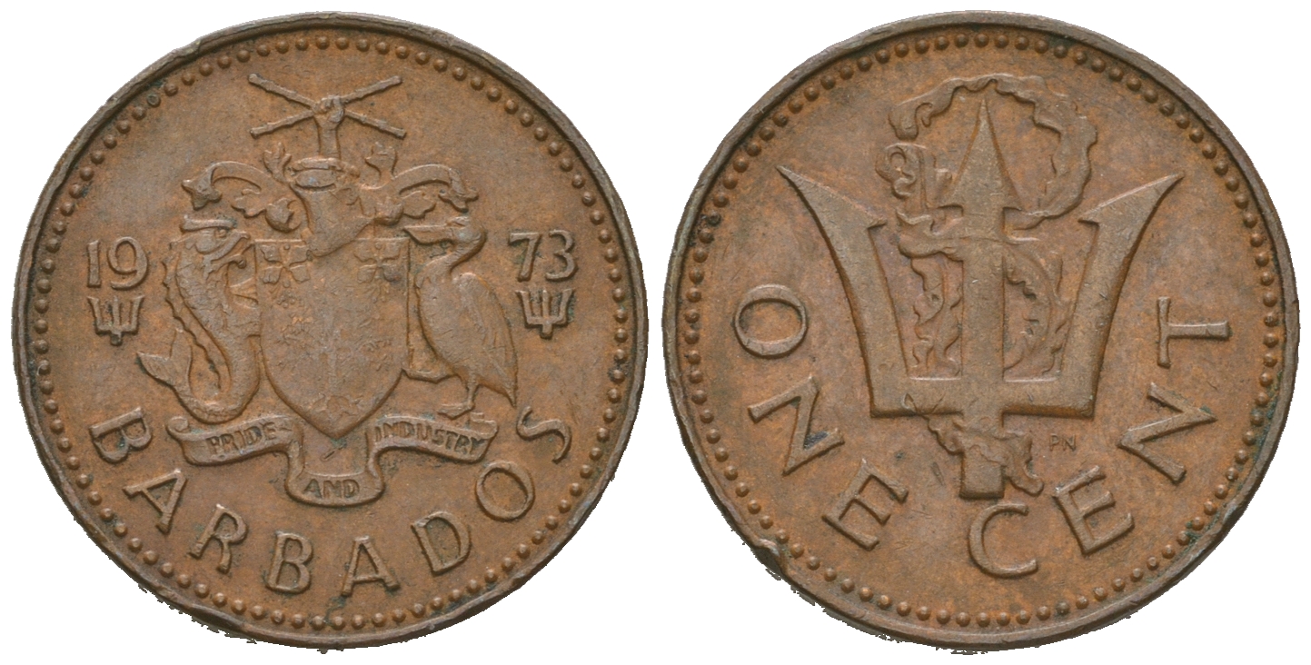 Барбадос 1 цент 1973 сломанный трезубец Британии KM 10 бронза 4623-318