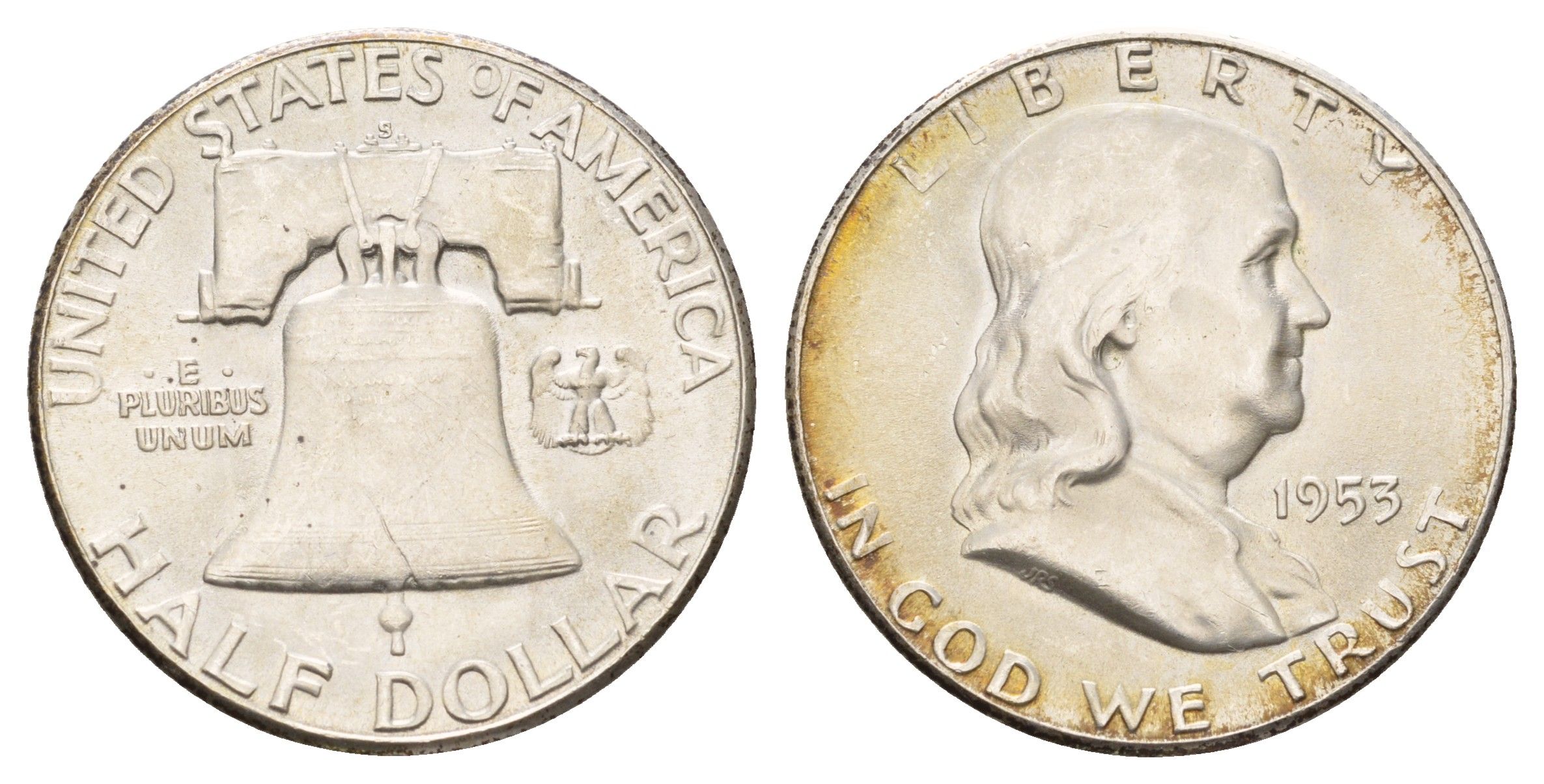 США 1/2 доллара (50 центов) 1953 S, Бенджамин Франклин, колокол KM 199 серебро aUNC 1531-1115