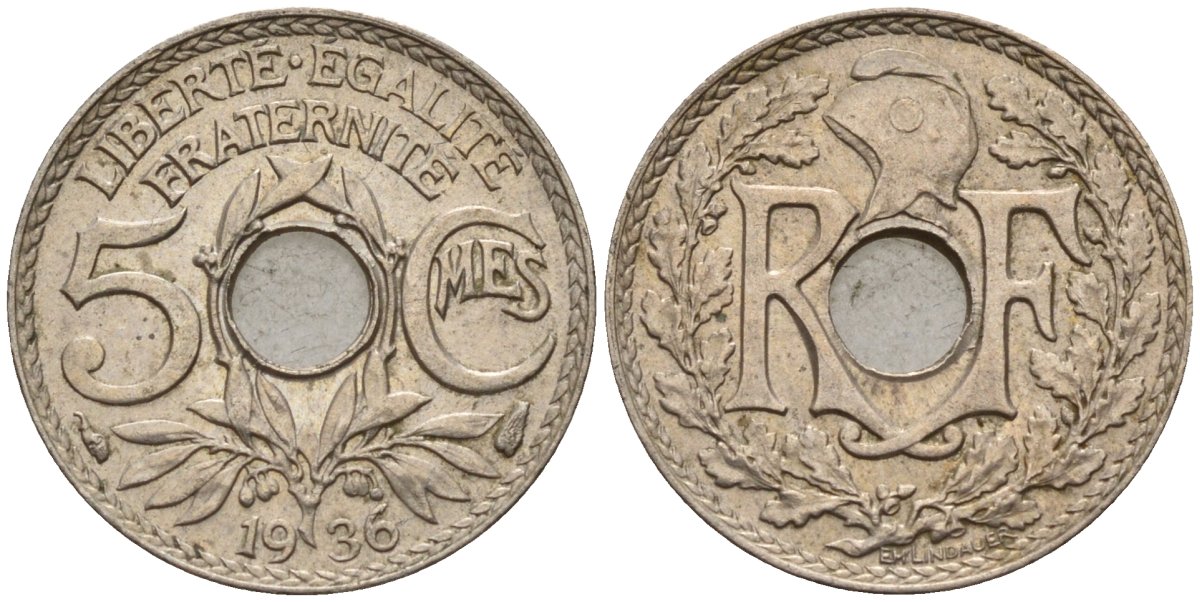 Франция 5 сантимов 1936 KM 875 медно-никель 4596-638