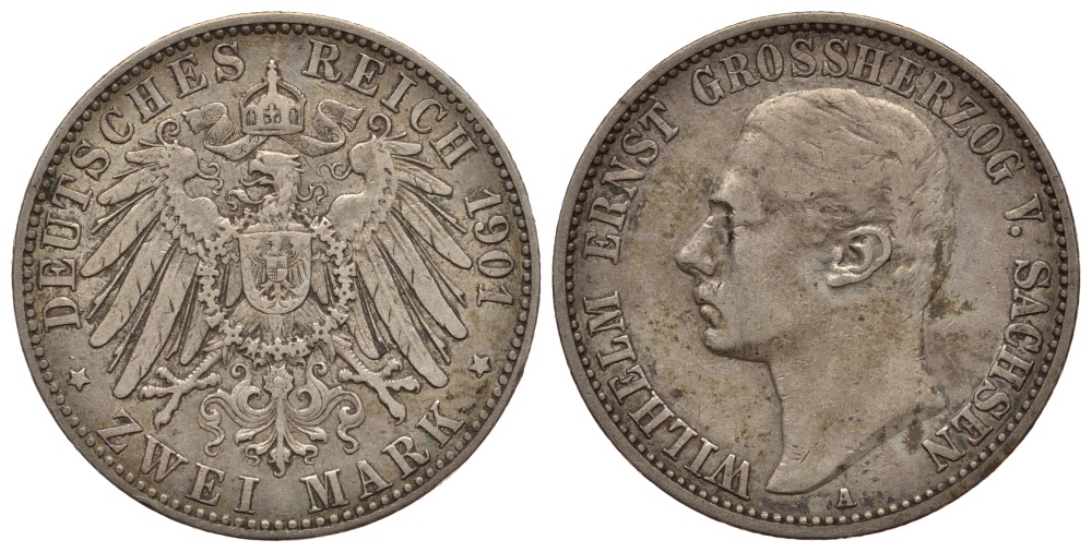 Саксен-Веймар-Эйзенах 2 марки 1901 А, Вильгельм Эрнст (1901-1918) Weege 153, J. 157, KM 170 серебро 00-000-00