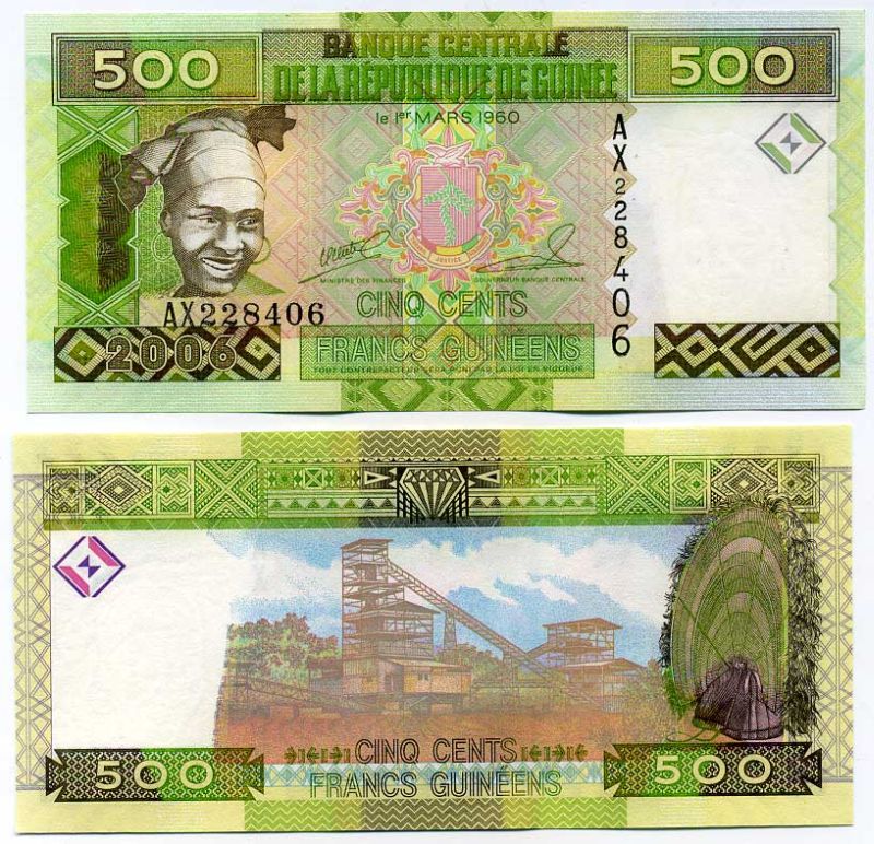 Гвинея 500 франков 2006 женщина, горный конвейер Pick 39 бумага UNC (пресс) 448-24-3