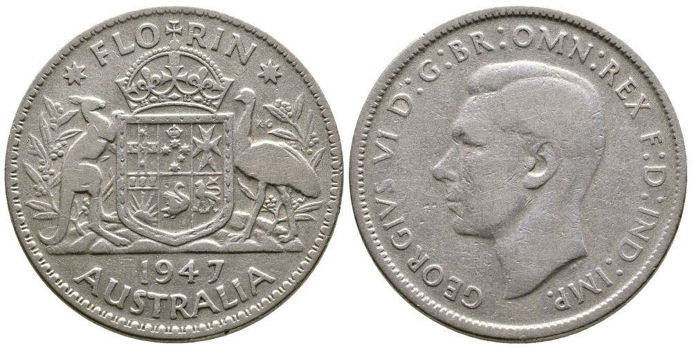 Австралия 1 флорин 1947 Георг VI (1937-1952), герб Австралии KM 40a серебро 4379-221