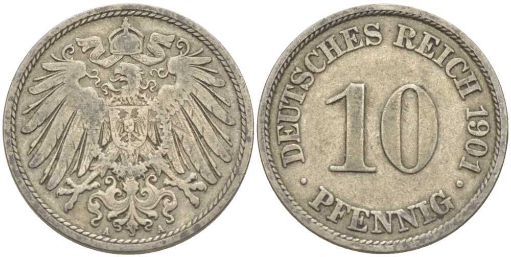 ГЕРМАНИЯ 10 ПФЕННИГОВ 1901 А KM 12, J. 13 медно-никель 210-637