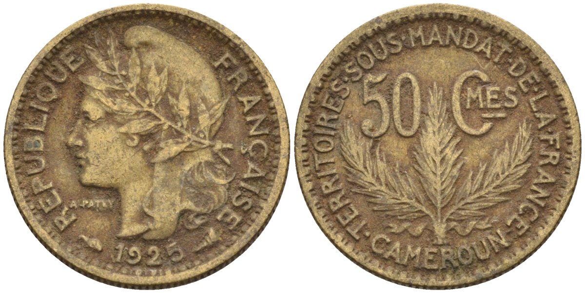 Французский Камерун 50 сантимов 1925 (а), монетный двор Париж KM 1 алюминиевая бронза 4164-1222