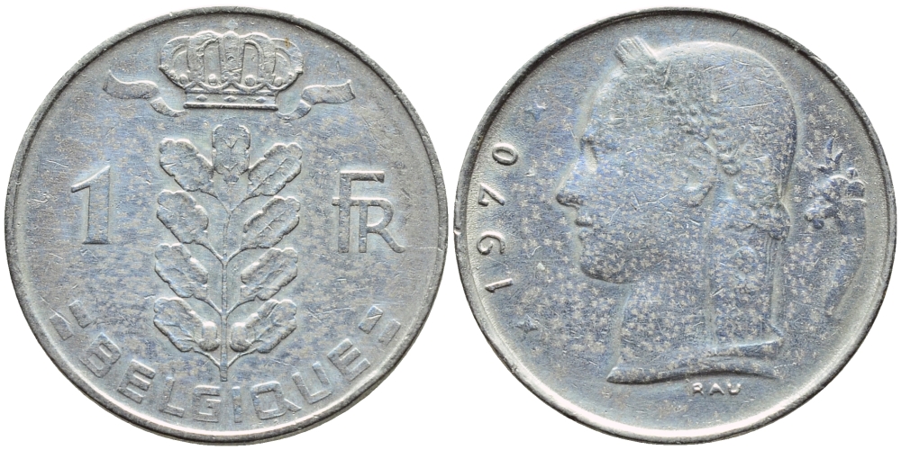 БЕЛЬГИЯ 1 ФРАНК 1970 BELGIQUE KM 142.1 медно-никель 4385-843