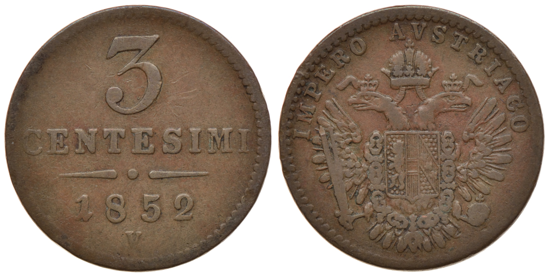 ВЕНЕЦИЯ, ЛОМБАРДИЯ 3 ЧЕНТЕЗИМО 1852 V KM 30.2 медь 560-1651