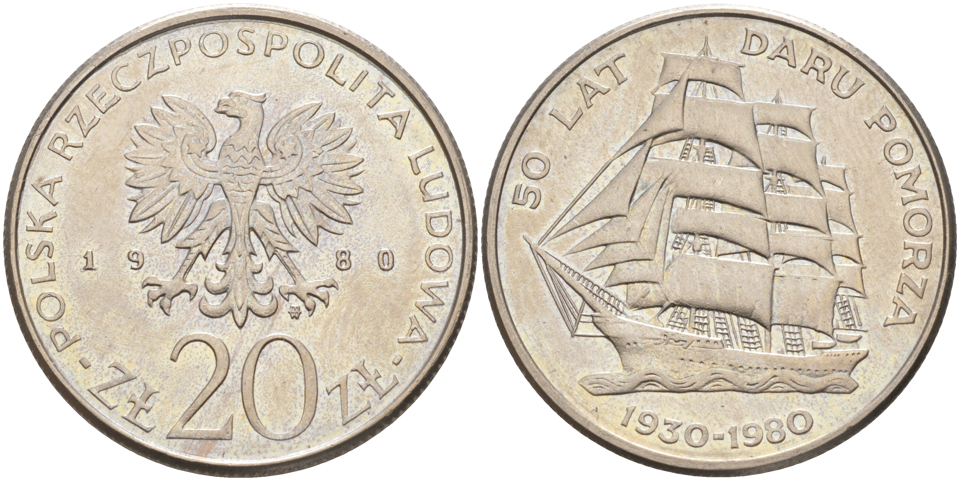 Польша 20 злотых 1980 MW, 50 лет фрегату «Дары Поморца» KM 112, Parchimowicz 253 медно-никель UNC 4111-926