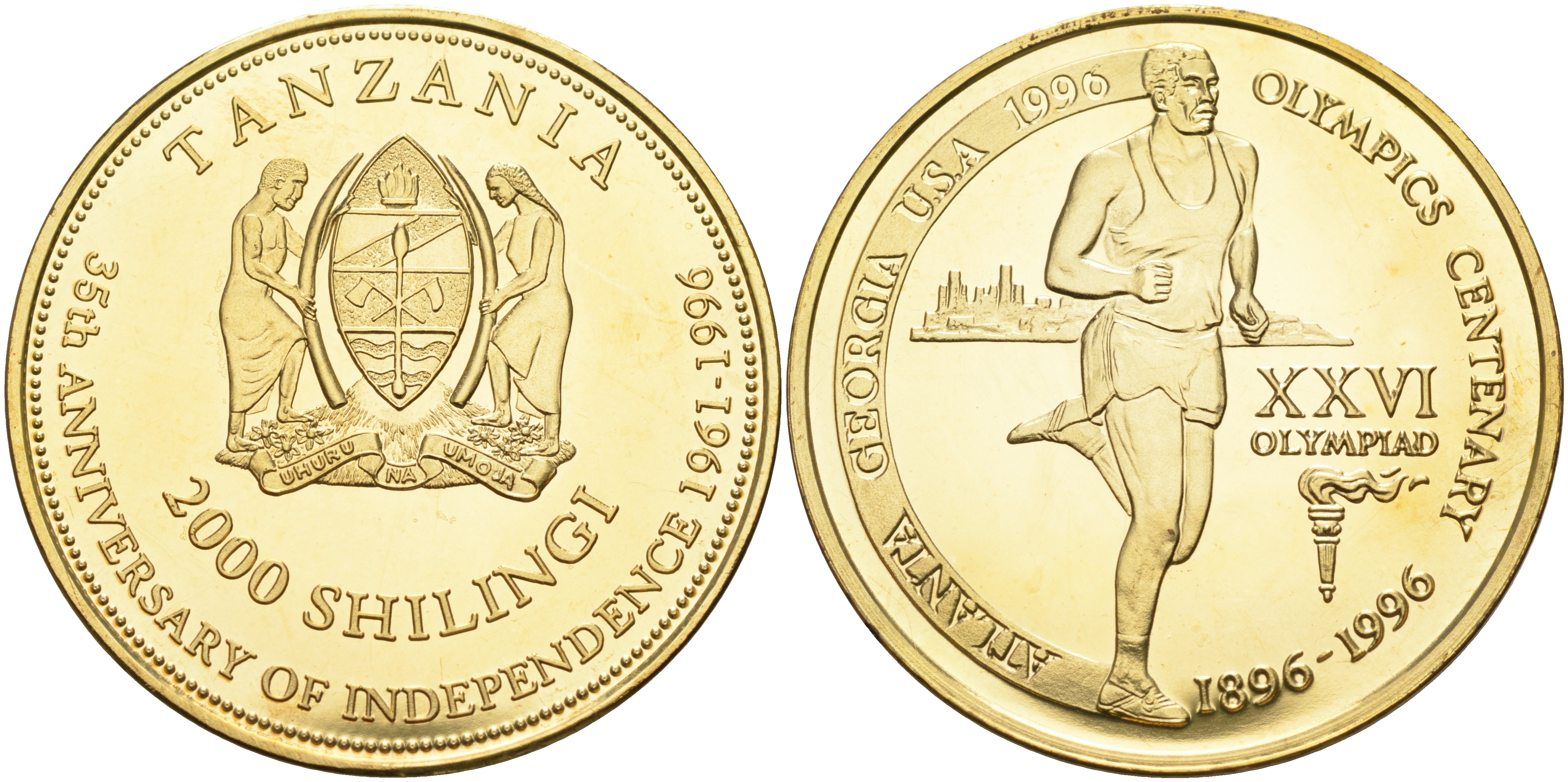 Танзания 2000 шиллингов 1996 XXVI Олимпийские игры 1996 года в Атланте, 100 лет Олимпийскому движению, бег, пробник, гладкий гурт латунь PROOF 06-135-23