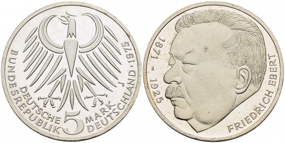 ФРГ 5 марок 1975 J, 50 лет со дня смерти Фридриха Эберта J. 416, KM 141 серебро PROOF 1087-3-14