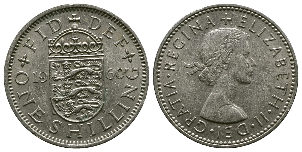 Великобритания 1 шиллинг 1960 Елизавета II (1952-2022), Английский герб KM 904, Spink 4147 медно-никель 4384-421