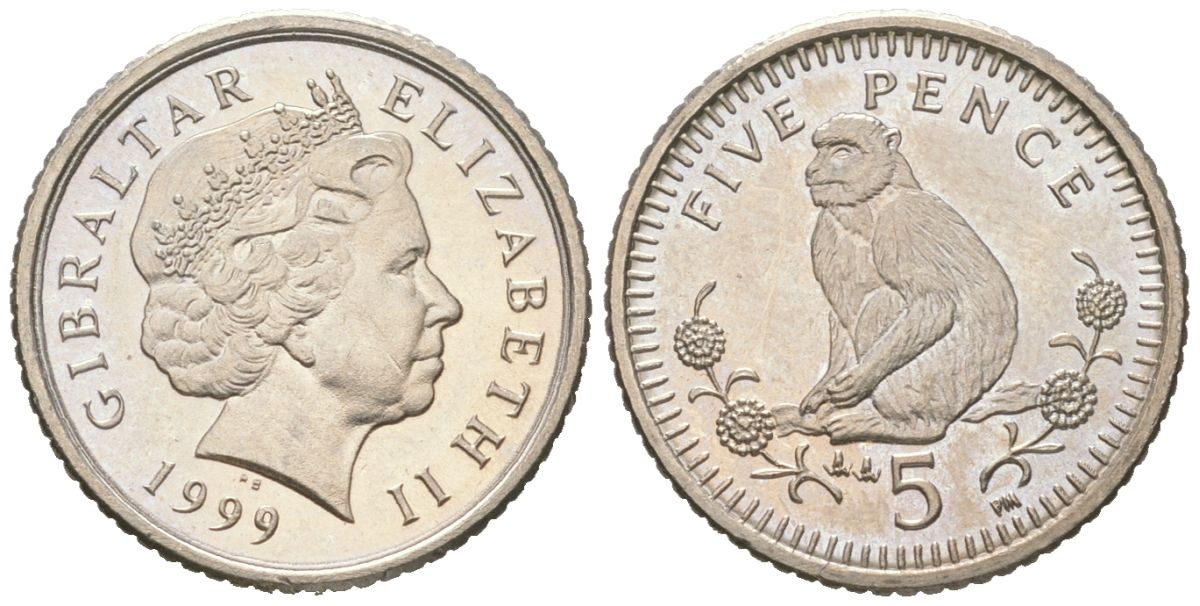 Гибралтар 5 пенсов 1999 KM 775 медно-никель UNC 4618-623