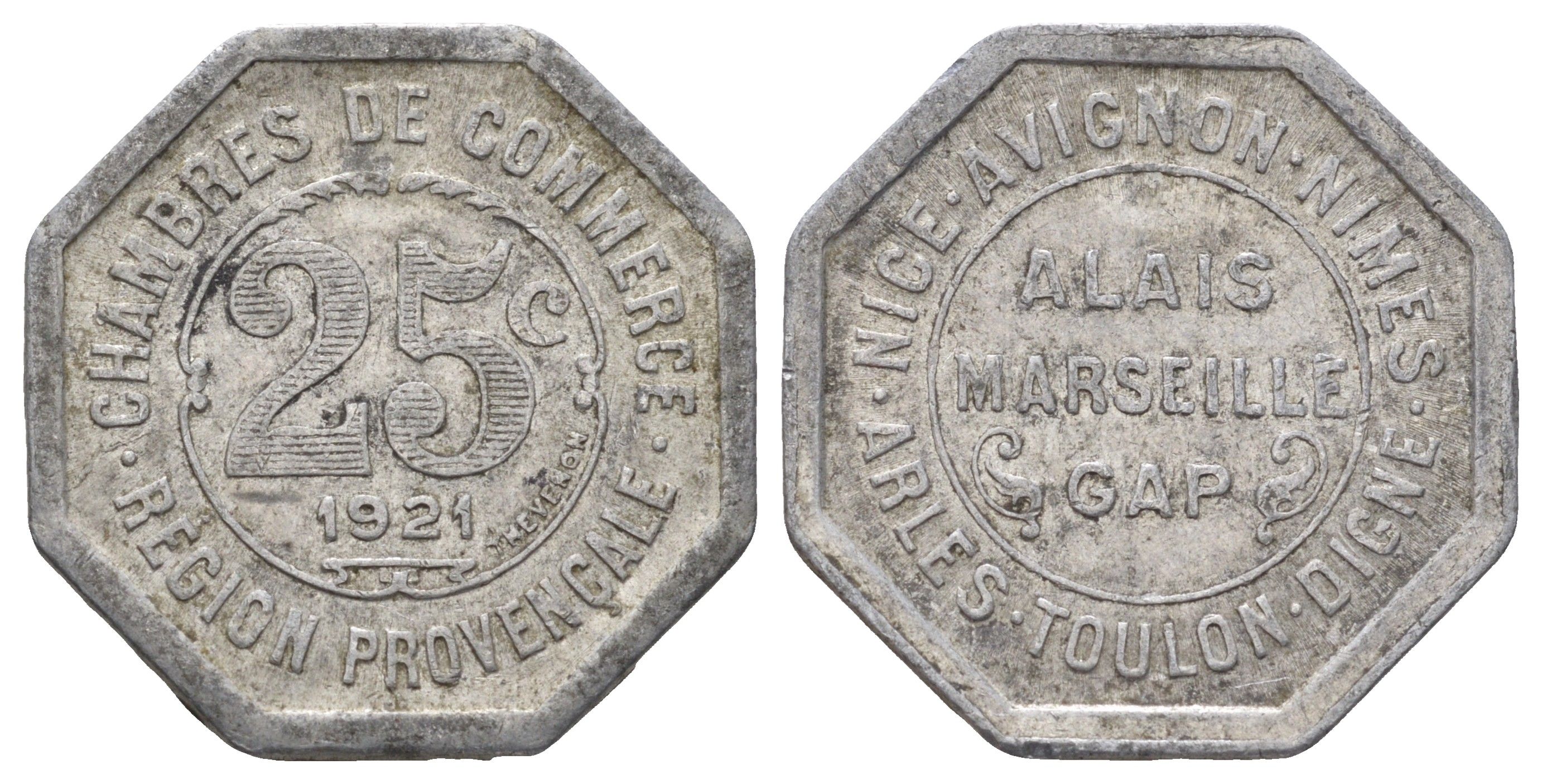 Франция, Марсель 25 сантимов 1921 диаметр 23,5 мм, вес 1,5 гр Elie mon 10.8 алюминий 4126-1142