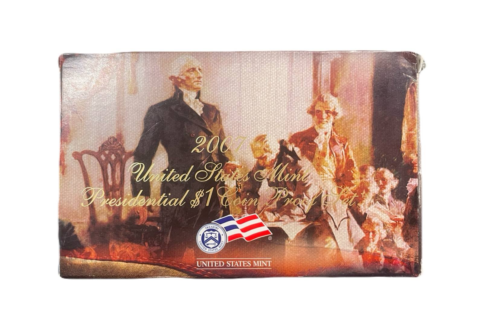 США полный годовой набор из 14 монет (1, 5, 10 (дайм) и 25 (квотер) центов; 1/2 (50 центов) и 1 доллар) 2007 в оригинальной упаковке с сертификатами KM 468, 381, 195a, A202b, 310, 396, 397, 398, 399, 400, 401, 402, 403 и 404 PROOF 5-4-1-18