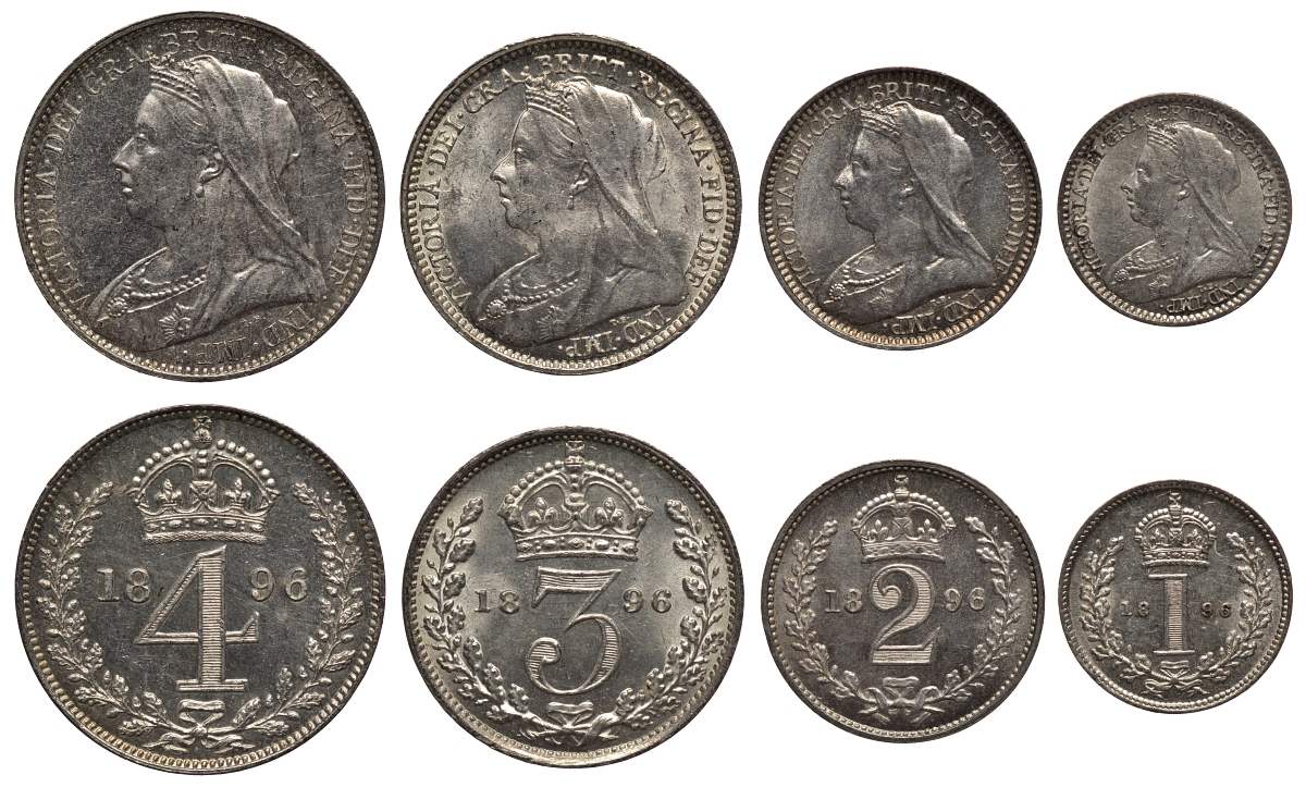 Великобритания набор из 4 монет 1896 1, 2, 3 и 4 пенса, Манди сет, в оригинальной коробке, Виктория (1837-1901) Seaby 3943 серебро UNC 00-821-63
