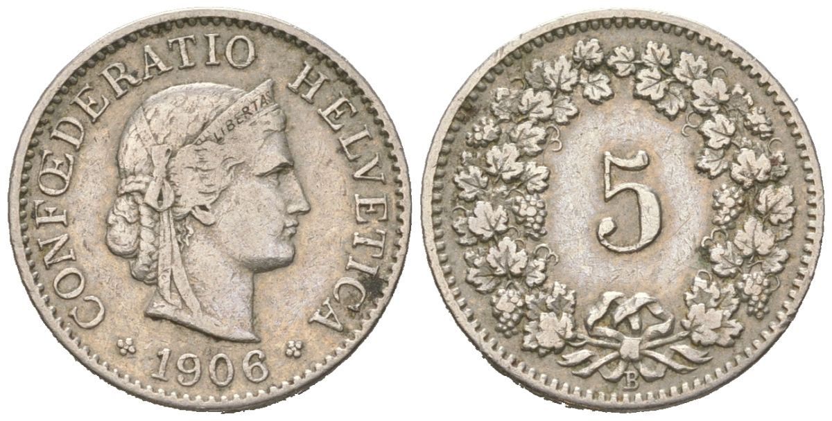 Швейцария 5 раппенов 1906 B KM 26 медно-никель 4160-255