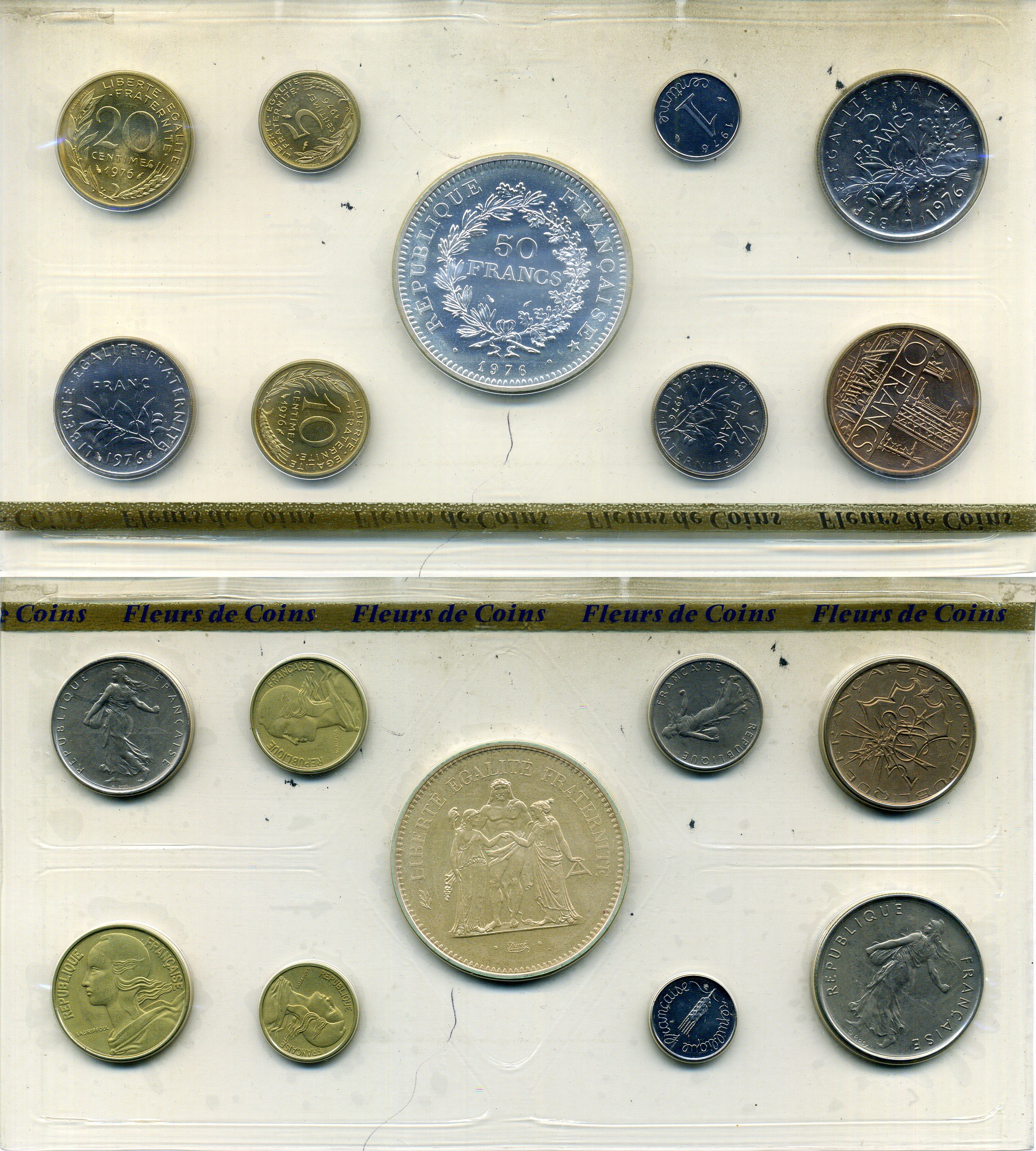 Франция официальный набор из 9 монет (1, 5, 10, 20 сантимов; 1/2, 1, 5, 10 и 50 франков) 1976 в оригинальной упаковке, с сертификатом KM SS 13 (925.1, 926a.1, 928, 929, 930, 931.1, 933, 940 и 941.1) BU 1-4-6-19