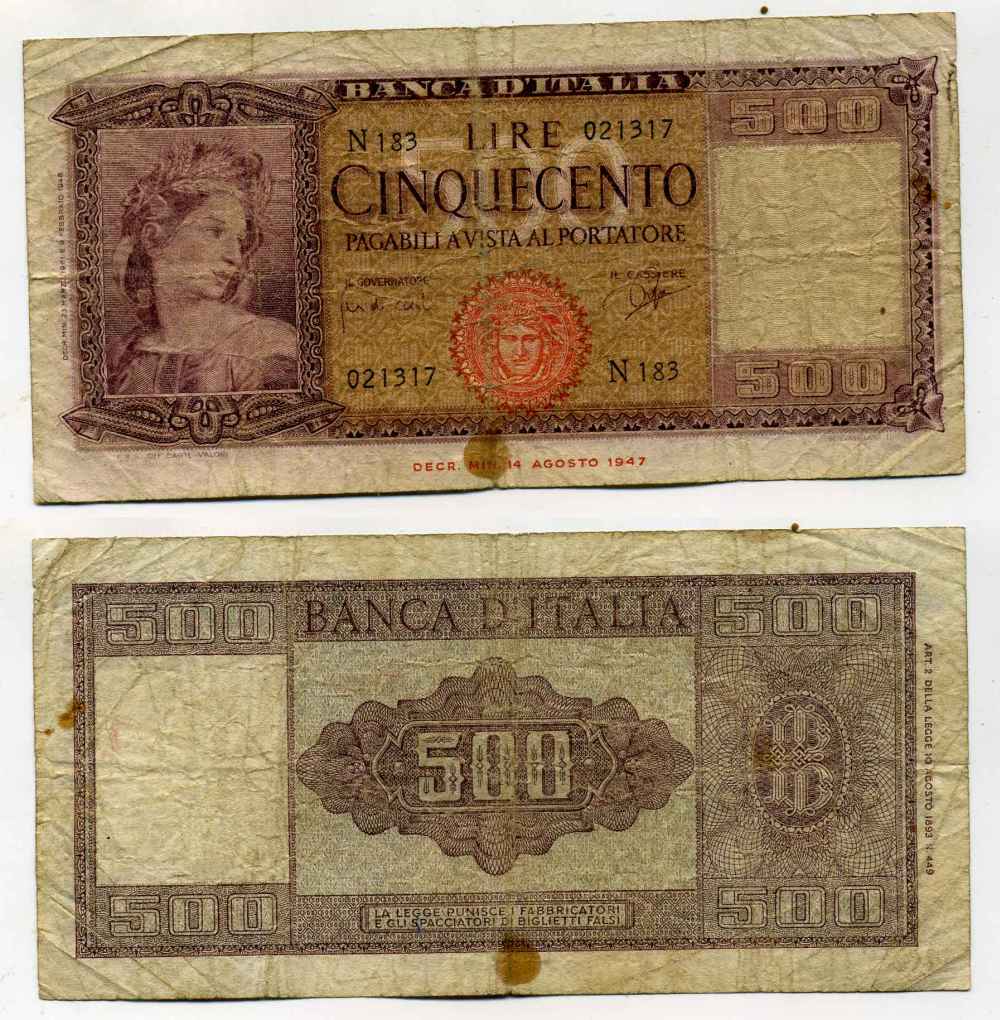 Италия 500 лир 1948 Pick 80а бумага 8588-7-2-1