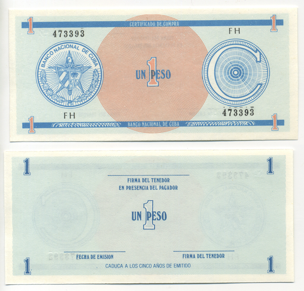 Куба, валютный сертификат 1 песо ND серия C, первый выпуск, голубая Pick FX 11 бумага UNC (пресс) 00-00