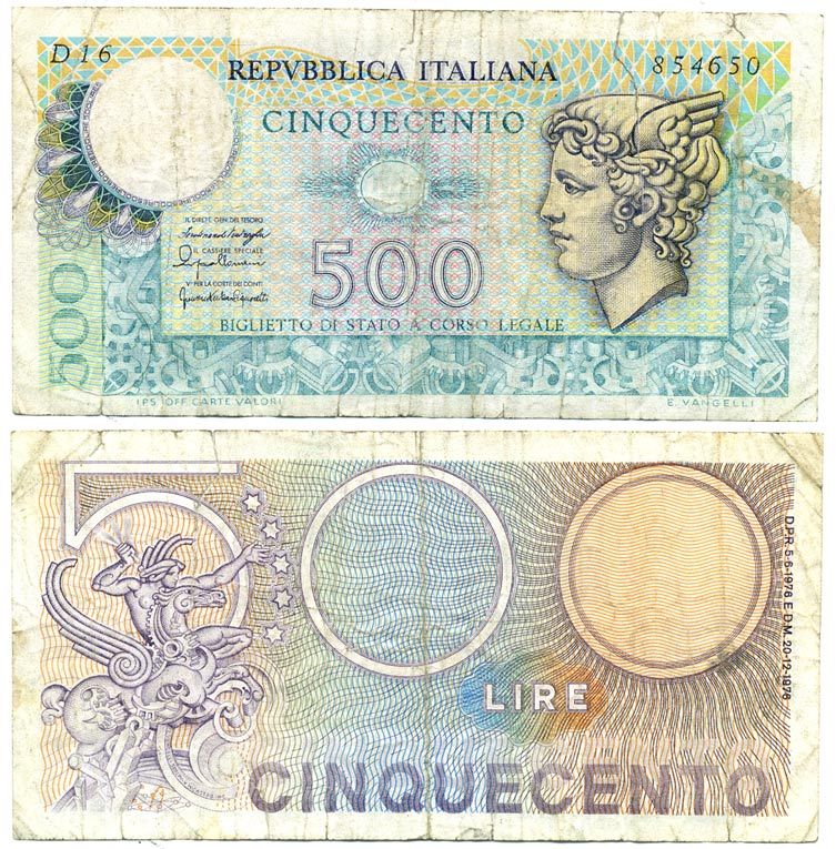 Италия 500 лир 1976 Меркурий Pick 95 бумага 7553-17-4