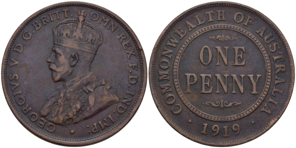 АВСТРАЛИЯ 1 ПЕННИ 1919 ГЕОРГ V KM 23 бронза 82-714