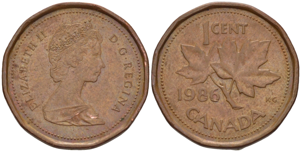 Канада 1 цент 1986 Елизавета II (1952-2022), кленовый лист KM 132 бронза 54-923
