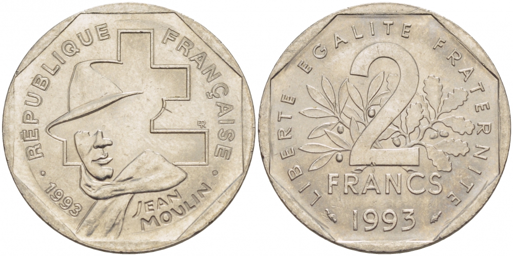 Франция 2 франка 1993 Жан Мулен, 50 лет Национальному движению сопротивления KM 1062, Le Franc 273.2 никель UNC 213-1226