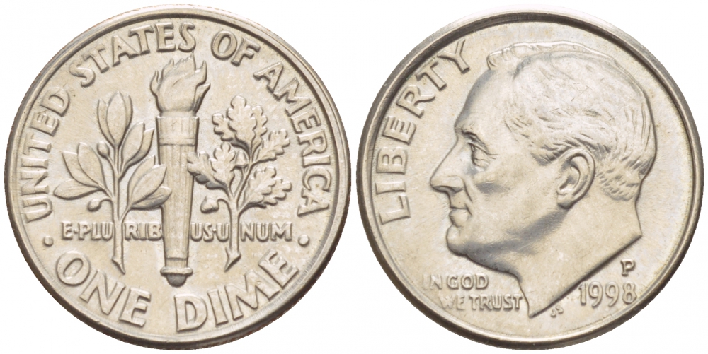 США 10 ЦЕНТОВ = 1 ДАЙМ 1998 P, РУЗВЕЛЬТ KM 195а медь плакированная медно-никелем 4547-952