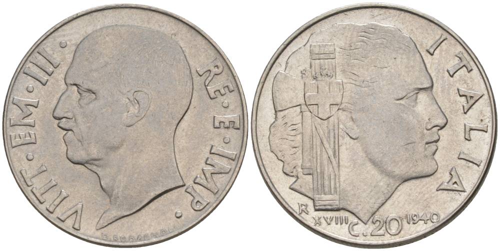 ИТАЛИЯ 20 ЧЕНТЕЗИМО 1940 R, ГОД XVIII, ВИКТОР ЭММАНУИЛ III (1900-1946), немагнитная, ГУРТ РИФЛЁНЫЙ KM 75d, VEM3. 1026a) нержавеющая сталь 3853-543
