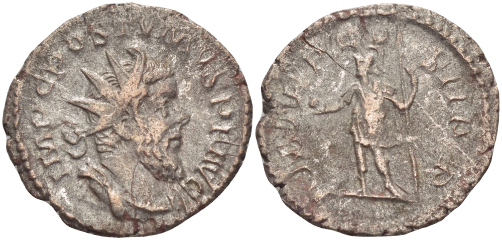 Римская Империя (императоры в Галлии) антониниан 261 Постум. IMP C POSTVMVS P F AVG / P M TR P COS II P P, император в военном доспехе, держит копье и сферу, Августа Треверов, Good Very fine RIC 54 биллон 1073-12-44