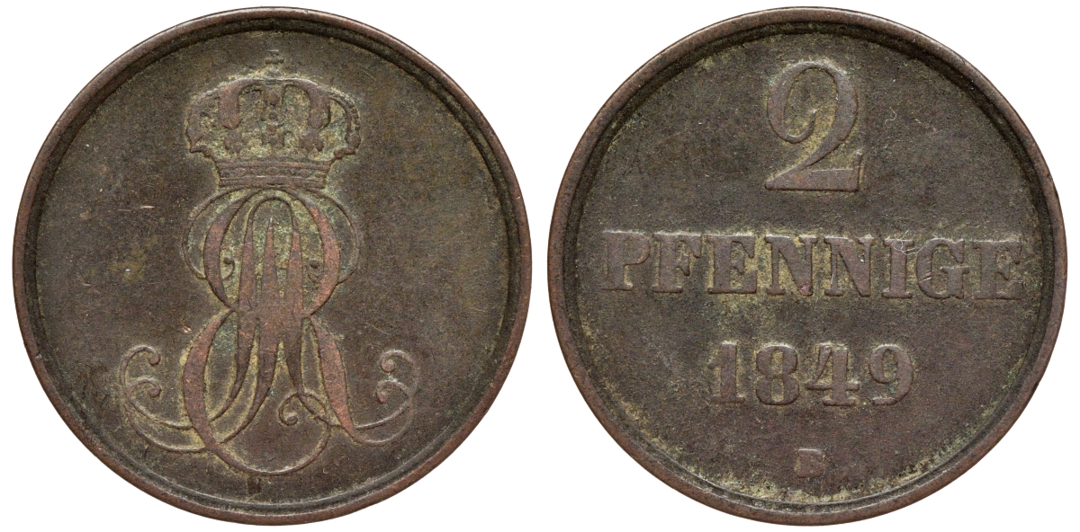 Ганновер 2 пфеннига 1849 B, Эрнст Август (1837-1851) KM 202.1, AKS 124, J. 75 медь 75-1925