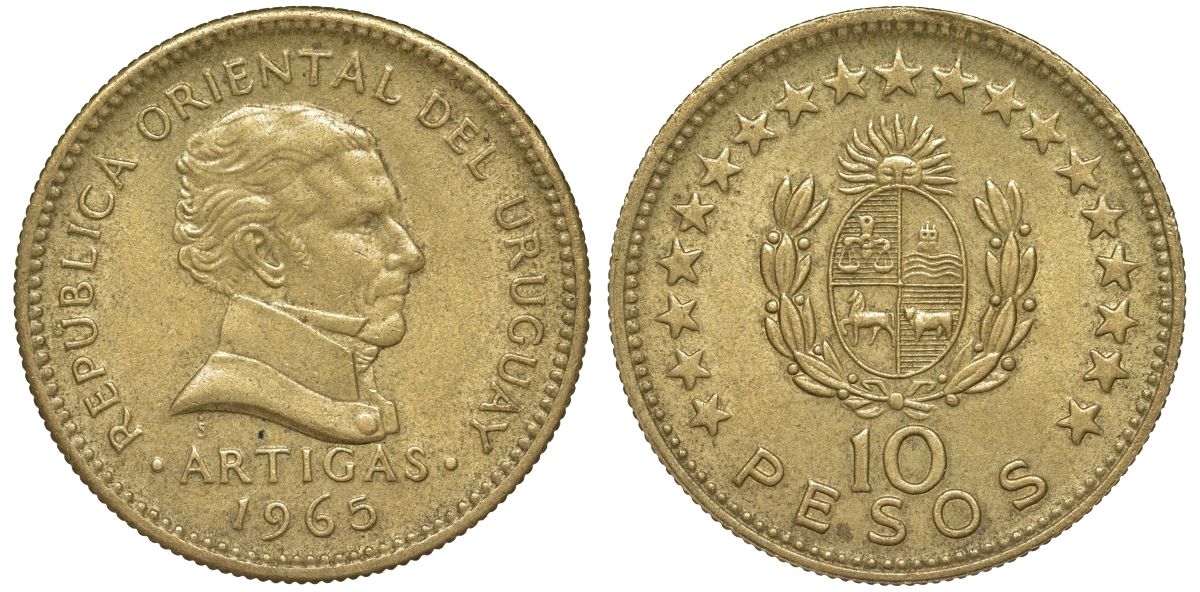 Уругвай 10 песо 1965 KM 48 алюминиевая бронза 81-345