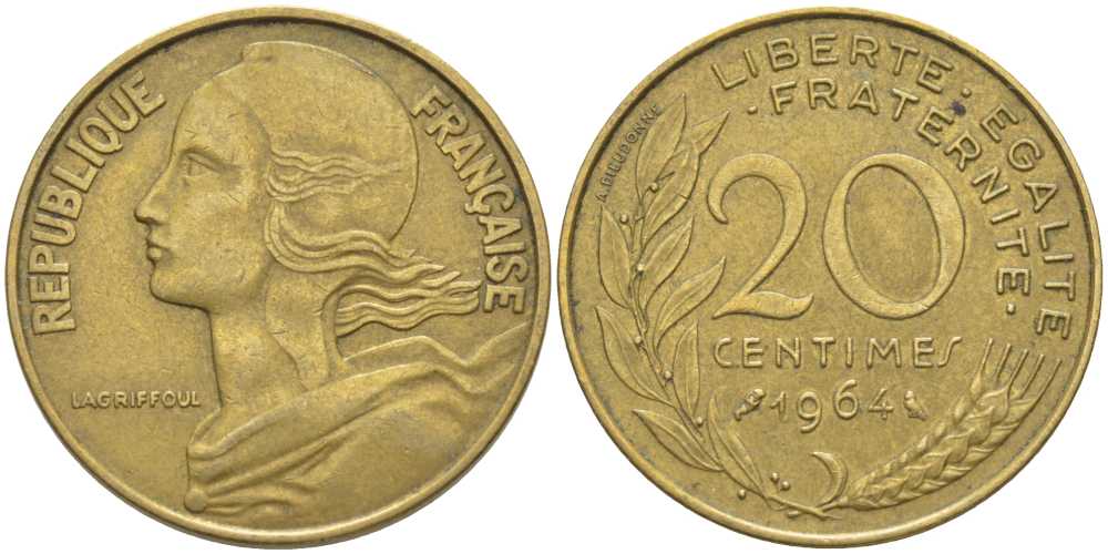 ФРАНЦИЯ 20 САНТИМОВ 1964 ТИП MARIANNE KM 930, LE FRANC 156.4 алюминиевая бронза 175-822