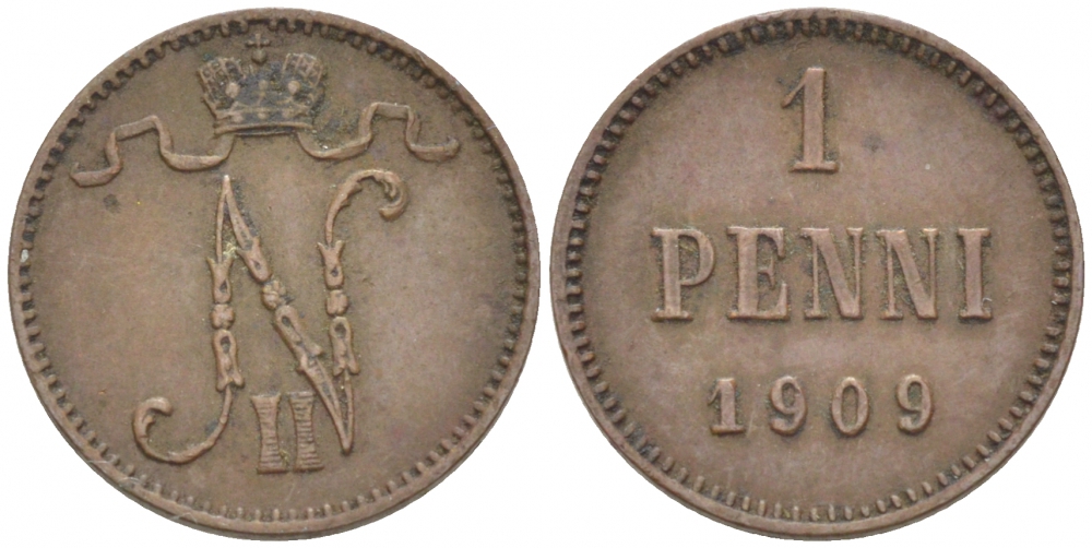 Россия для Финляндии 1 пенни 1909 Николай II (1894-1917) KM 13, Биткин 470 медь 4396-1314